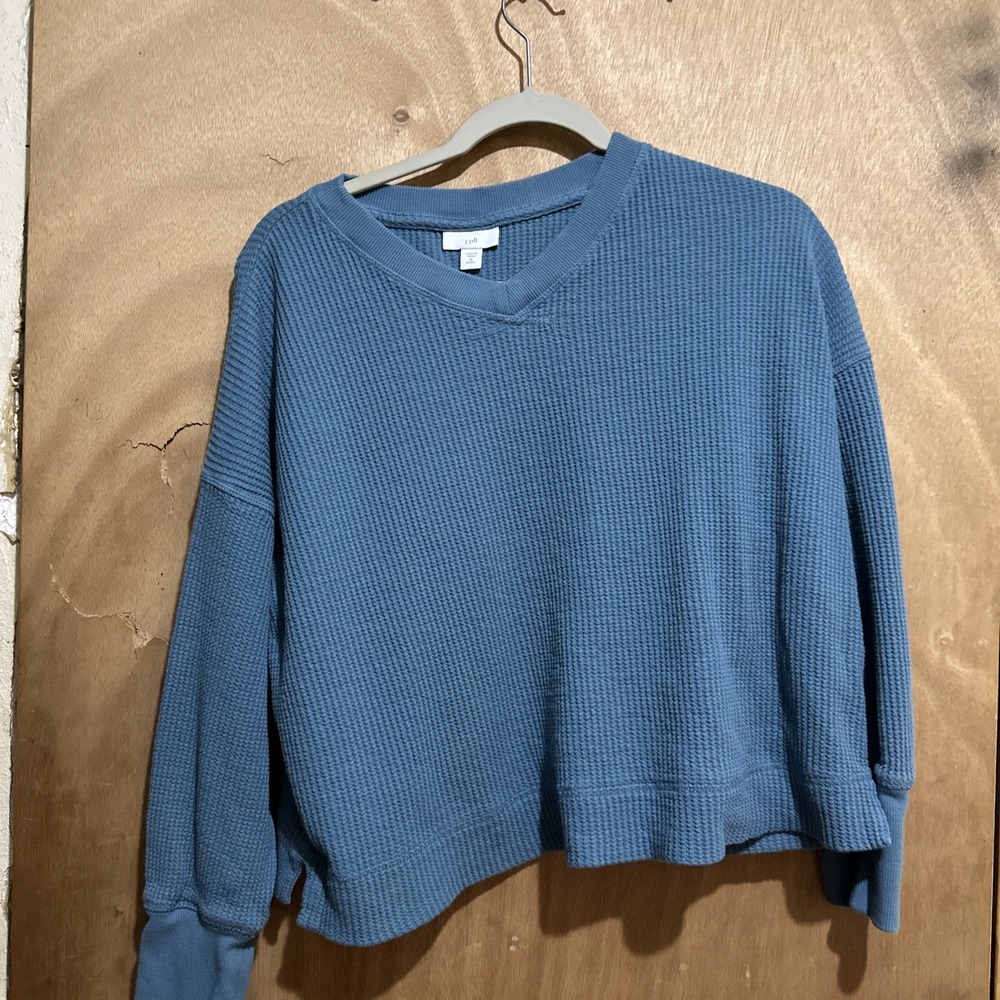 J. Jill | Blue Thermal Waffle-Knit V-Neck Cropped Long-Sleeve Top Sz M Petite